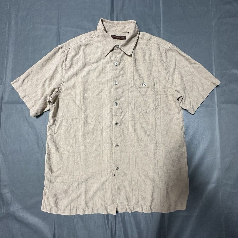 Tori Richard Shirt Men’s XL Geometric Floral Button Collar Beige Short Sleeve